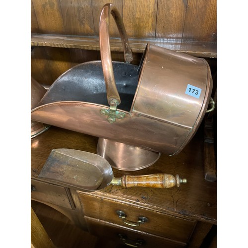 173 - 19TH CENTURY COPPER COAL SCUTTLE WITH SHOVEL