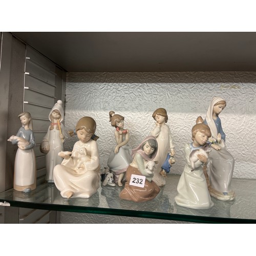 232 - EIGHT ASSORTED LLADRO AND NAO FIGURES INCLUDING CHILD, GIRL WITH LAMB, GIRL WITH CAT, ETC