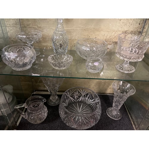 271 - TWO SHELVES OF GOOD QUALITY CUT GLASSWARE MALLET DECANTER, PEDESTAL BOWL, VASE, LARGE ETCHED BOWL