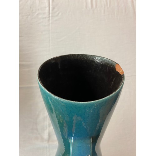 306 - AUSTRIAN 579 DUCK EGG BLUE POTTERY JUG 50CM H (RIM A/F) AND A POTTERY TABLE LAMP