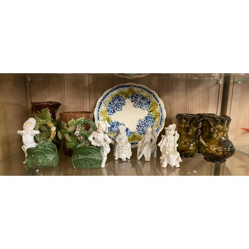 299 - CONTINENTAL BLANC DE CHINE FIGURE GROUPS, GERMAN FIGURAL SPILL HOLDERS AND BEAKERS AND TRIPLE CUP