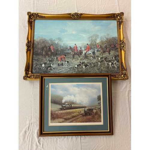 509 - TEXTURED PRINT ON BOARD OF THE EQUESTRIAN HUNT IN GILT SWEPT FRAME AND A PRINT OF A TRAIN