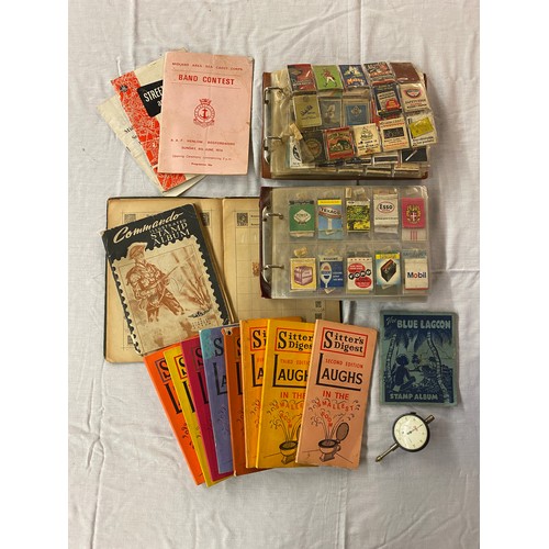 513 - BOX CONTAINING STAMP ALBUMS OF WORLD STAMPS, TWO BINDERS OF MATCH BOOKLET SLEEVES, AND SITTERS DIGES... 