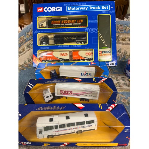 288 - CORGI MOTORWAY STOBART TRUCK SET 60020, PLAYMAT, WITH THREE MODELS BHS, KAYS C1231 VOLVO AND NATIONA... 