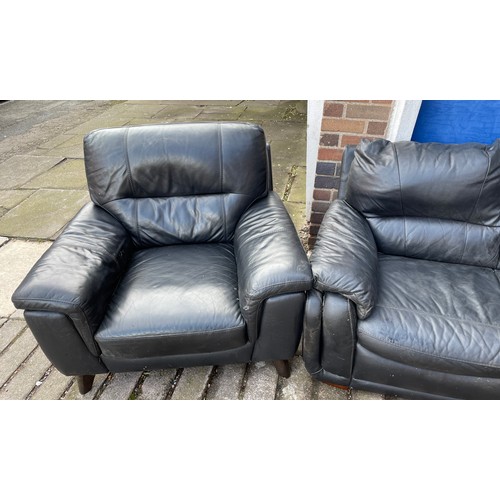 87 - BLACK LEATHER THREE PIECE SUITE