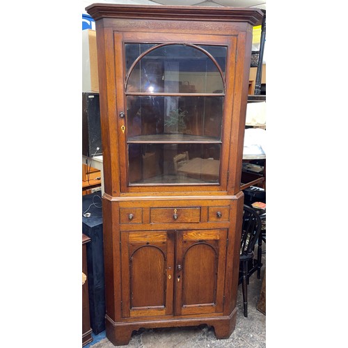 70 - 19TH CENTURY OAK FULL HEIGHT GLAZED DOOR CORNER CABINET