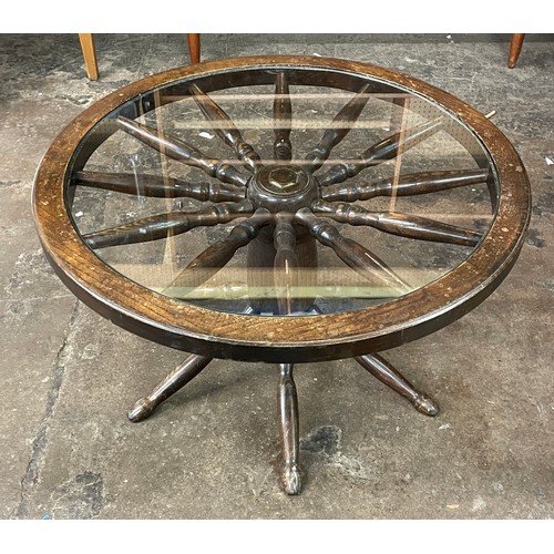 67 - SPOKE WHEEL GLASS TOP COFFEE TABLE