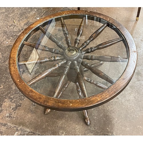 67 - SPOKE WHEEL GLASS TOP COFFEE TABLE