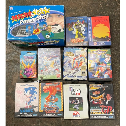 349 - SEGA MEGDRIVE GAME CARTRIDGES, SPIRO GAME, AND MICRO STARS POWER SHOT