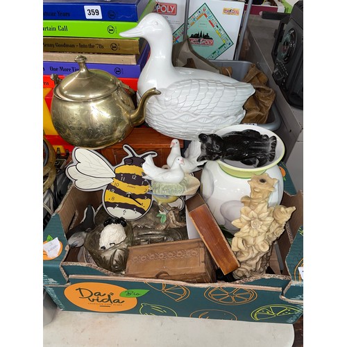 360 - BOX OF ASSORTED ORNAMENT INCLUDING BRASS KETTLE, WOODEN BOXES AND FIGURES