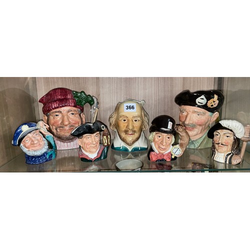 366 - SHELF OF ROYAL DOULTON CHARACTER JUGS INCLUDING MONTGOMERY, MAD HATTER, LUMBERJACK