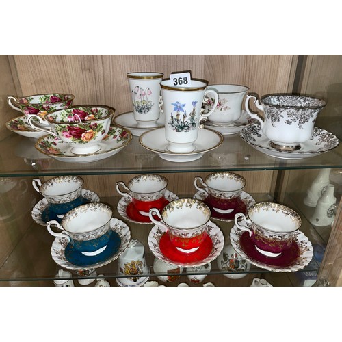 368 - THREE ROYAL ALBERT BONE CHINA DUO TEA CUPS AND SAUCERS PLUS OTHER CABINET CUPS AND SAUCERS