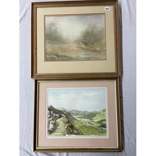 507 - PASTELS ON PAPER JOYCE HOBSON COTTAGE LANDSCAPE, AND WATERCOLOUR OF A WELSH VALLEY LANDSCAPE