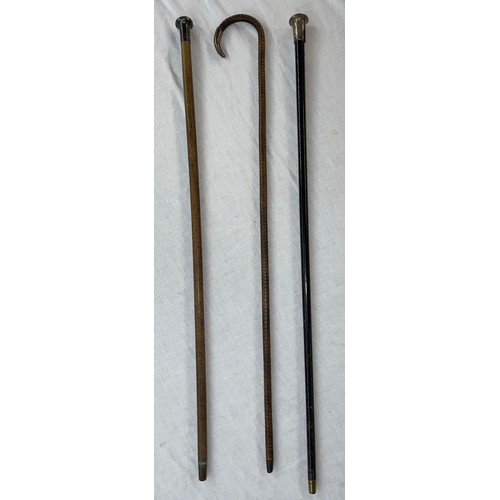 514 - SILVER HANDLED CANE, AND TWO SILVER POMMEL TOP CANES