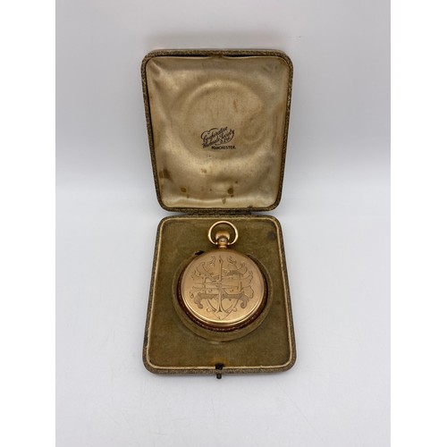 504 - BOXED 9CT GOLD FULL HUNTER CASED POCKET WATCH WITH ENGRAVED MONOGRAM TO FRONT CASE 110.2G OVERALL AP... 