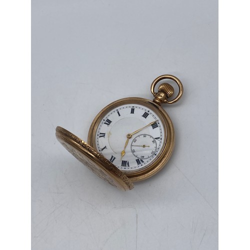 504 - BOXED 9CT GOLD FULL HUNTER CASED POCKET WATCH WITH ENGRAVED MONOGRAM TO FRONT CASE 110.2G OVERALL AP... 