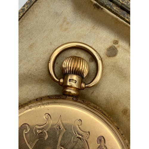 504 - BOXED 9CT GOLD FULL HUNTER CASED POCKET WATCH WITH ENGRAVED MONOGRAM TO FRONT CASE 110.2G OVERALL AP... 