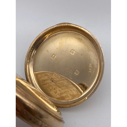 504 - BOXED 9CT GOLD FULL HUNTER CASED POCKET WATCH WITH ENGRAVED MONOGRAM TO FRONT CASE 110.2G OVERALL AP... 