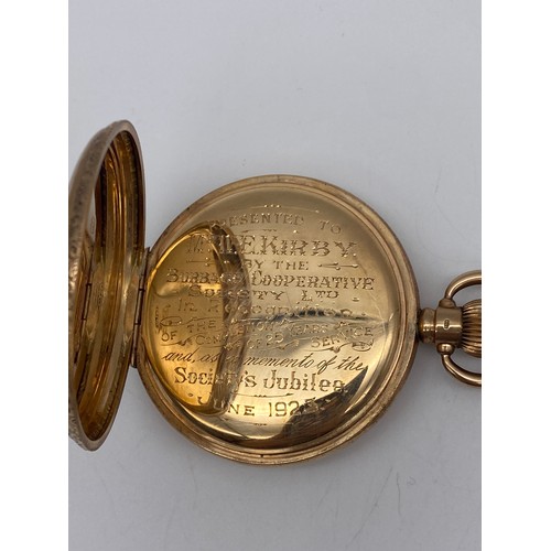 504 - BOXED 9CT GOLD FULL HUNTER CASED POCKET WATCH WITH ENGRAVED MONOGRAM TO FRONT CASE 110.2G OVERALL AP... 