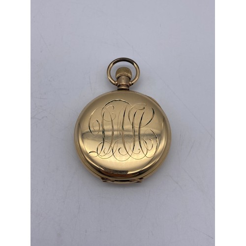 515 - GOLD PLATED CASED HALF HUNTER POCKET WATCH WITH WHITE ENAMEL DIAL AND ROMAN NUMERALS THE FRONT CASE ... 