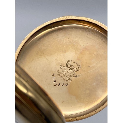 515 - GOLD PLATED CASED HALF HUNTER POCKET WATCH WITH WHITE ENAMEL DIAL AND ROMAN NUMERALS THE FRONT CASE ... 