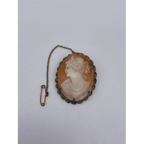 524 - OVAL CARVED CAMEO OF CLASSICAL FEMALE HEAD CLAW SET IN A ROLLED GOLD MOUNT