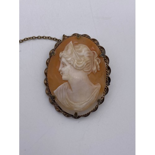 524 - OVAL CARVED CAMEO OF CLASSICAL FEMALE HEAD CLAW SET IN A ROLLED GOLD MOUNT