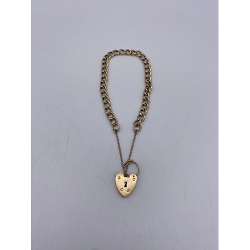 527 - 9CT GOLD BELCHER LINK BRACELET WITH HEART PADLOCK FASTENER AND SAFETY CHAIN 6.2G APPROX