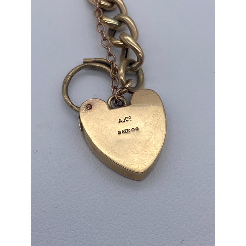 527 - 9CT GOLD BELCHER LINK BRACELET WITH HEART PADLOCK FASTENER AND SAFETY CHAIN 6.2G APPROX