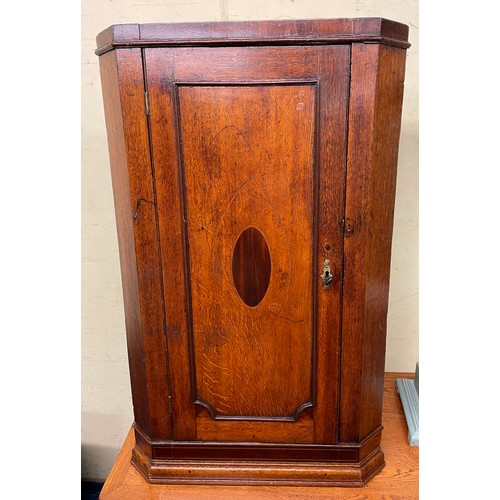 94 - LATE GEORGIAN OAK AND INLAID HANGING CORNER CUPBOARD