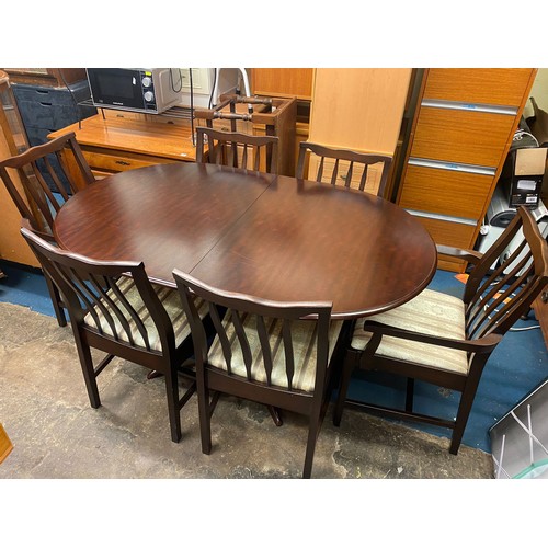 3 - MAHOGANY D END EXTENDING DINING TABLE AND SIX CHAIRS