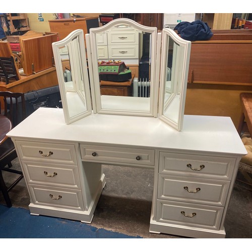 36 - WHITE KNEEHOLE DRESSING TABLE WITH TRIPLE MIRROR AND UPHOLSTERED STOOL