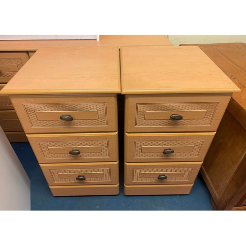 59 - PAIR OF MATCHING BEECH AND LATTICE WEAVE  THREE DRAWER BEDSIDE CHESTS