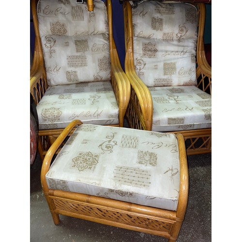 86 - BAMBOO FRAMED CONSERVATORY SUITE WITH FOOT STOOL AND GLASS TOP TABLE