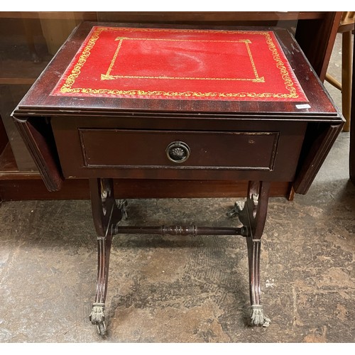 103 - RED LEATHER TOPPED MINIATURE DROP FLAP LYRE END TABLE