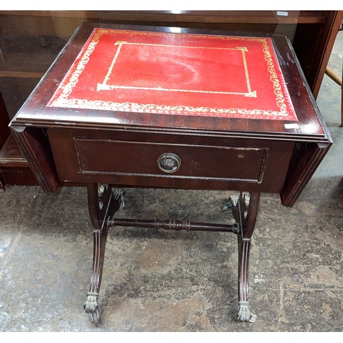 103 - RED LEATHER TOPPED MINIATURE DROP FLAP LYRE END TABLE