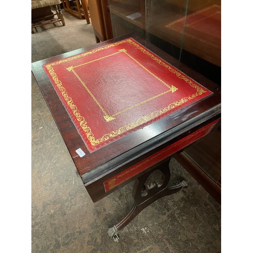 103 - RED LEATHER TOPPED MINIATURE DROP FLAP LYRE END TABLE