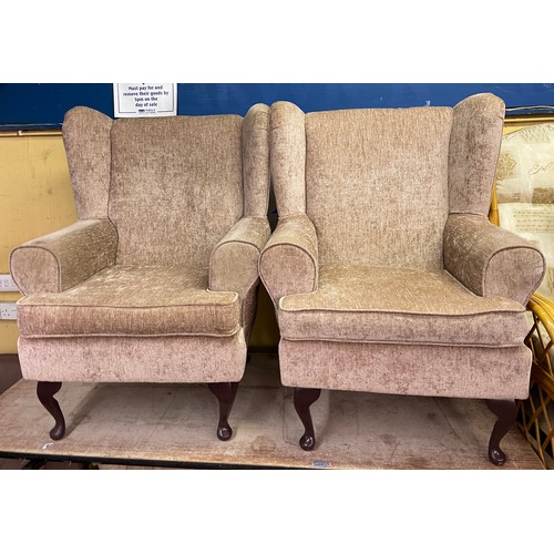 132 - PAIR OF MUSHROOM DRALON WING BACK ARMCHAIRS