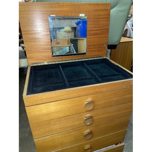 139 - TWO 1970S TEAK LIFT UP TOP VANITY CHESTS OF DRAWERS