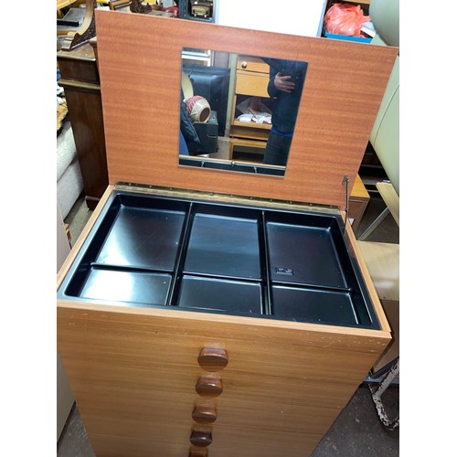 139 - TWO 1970S TEAK LIFT UP TOP VANITY CHESTS OF DRAWERS