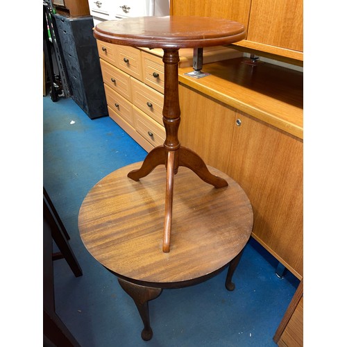 53 - BEECH CIRCULAR OCCASIONAL TABLE AND REPRODUCTION TRIPOD WINE TABLE