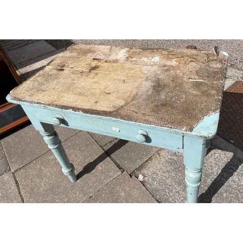 186 - VICTORIAN PINE BLUE PAINTED KITCHEN TABLE WITH DRAWER AS FOUND