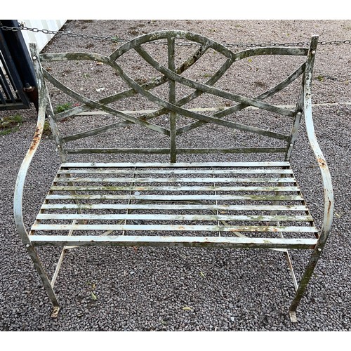 214 - WEATHERED REGENCY STYLE WHITE TWO SEATER METAL GARDEN BENCH