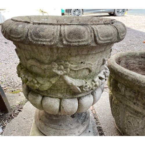 221 - LARGER CIRCULAR STONE PLANT POT AND ONE OTHER PEDESTAL PLANTER