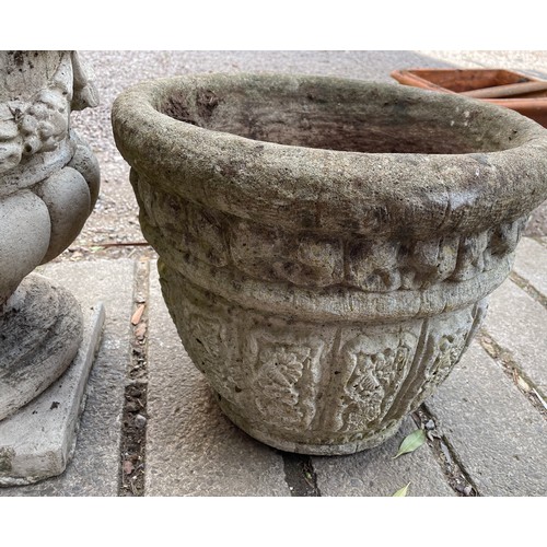 221 - LARGER CIRCULAR STONE PLANT POT AND ONE OTHER PEDESTAL PLANTER