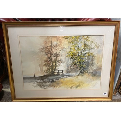 83 - JOHN R HARRIS WATER COLOUR OF A COUNTRY LANE FRAMED AND GLAZED