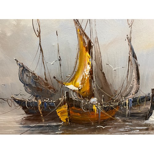 78 - OILS ON CANVAS FISHING BOATS IN AN ESTUARY