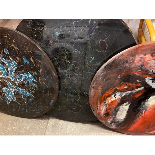 88 - THREE MOULDED PLASTIC CIRCULAR TABLE TOPS WITH ABSTRACT DESIGNS