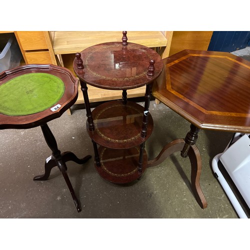 84 - TWO REPRODUCTION TRIPOD WINE TABLES AND THREE TIER WOTNOT STAND