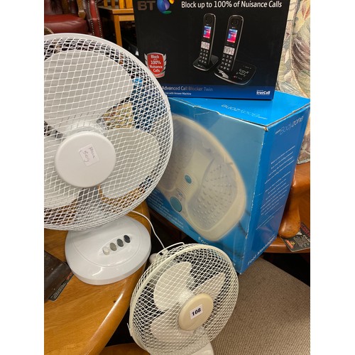 108 - TWO OSCILLATING FANS, FOOTSPA, AND TELEPHONE (USED)